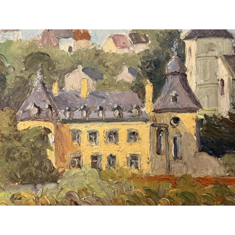 René BOREUX «Namêche - Le château, l’Eglise et la Meuse» peinture huile sur panneau