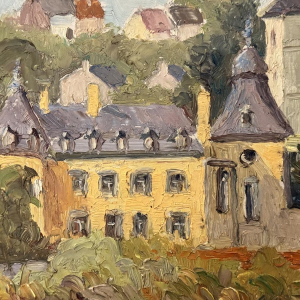René BOREUX “Namêche - Het kasteel, de kerk en de Maas” olieverfschilderij op paneel
