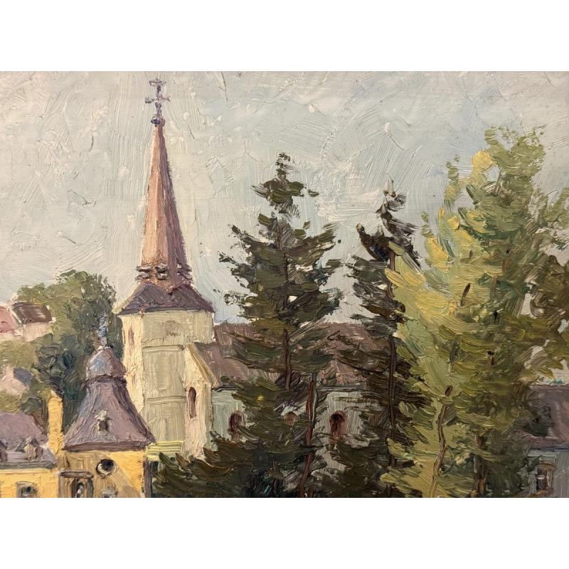 René BOREUX “Namêche - Het kasteel, de kerk en de Maas” olieverfschilderij op paneel