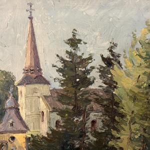 René BOREUX “Namêche - The Castle, the Church and the Meuse” oil painting on panel
