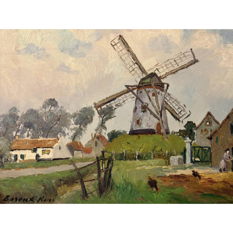 René BOREUX “Mill near Knokke” 1956 oil painting on panel