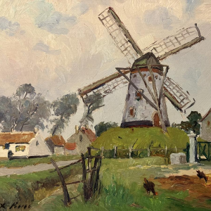 René BOREUX «Moulin près de Knokke» 1956 peinture huile sur panneau