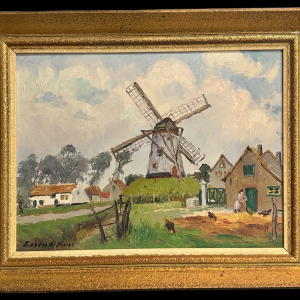 René BOREUX “Molen bij Knokke” 1956 olieverfschilderij op paneel