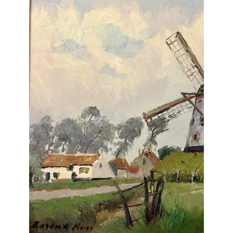 René BOREUX “Mill near Knokke” 1956 oil painting on panel