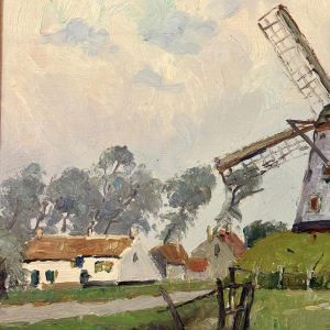 René BOREUX “Mill near Knokke” 1956 oil painting on panel