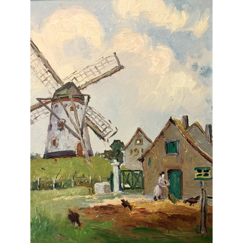 René BOREUX “Molen bij Knokke” 1956 olieverfschilderij op paneel