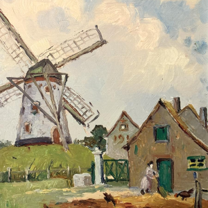 René BOREUX «Moulin près de Knokke» 1956 peinture huile sur panneau