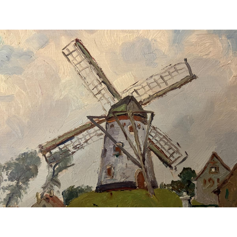 René BOREUX «Moulin près de Knokke» 1956 peinture huile sur panneau
