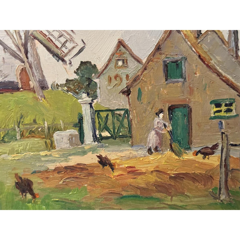 René BOREUX «Moulin près de Knokke» 1956 peinture huile sur panneau