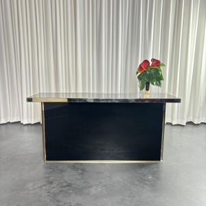 Hollywood Regency console in plexiglass, brass and black mirror