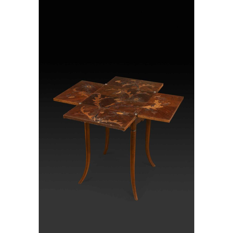Emile Gallé, Art Nouveau walnut games table, marquetry and veneer, floral decor and thistles