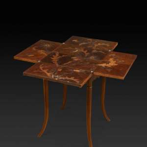 Emile Gallé, Art Nouveau walnut games table, marquetry and veneer, floral decor and thistles
