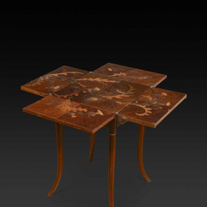 Emile Gallé, Art Nouveau walnut games table, marquetry and veneer, floral decor and thistles