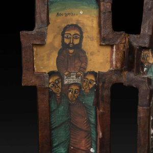 Houten tweeluik kruis, Ethiopisch icoon, spiritueel erfgoed, heilige kunst van de Koptische Kerk, 19e eeuw