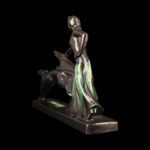 Faïencerie de Thulin "La Dame aux lévriers" sculpture en faïence émaillée, ca 1930