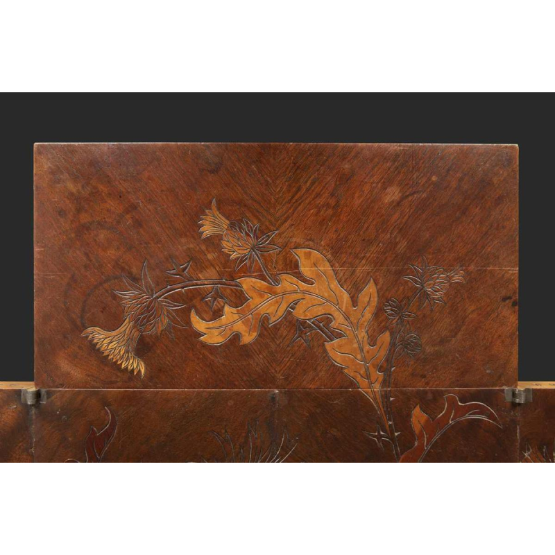 Emile Gallé, Art Nouveau walnut games table, marquetry and veneer, floral decor and thistles