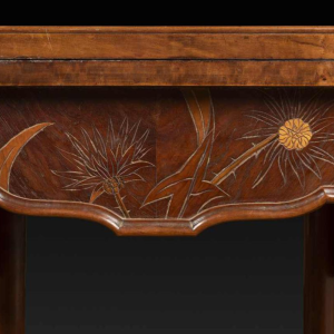 Emile Gallé, Art Nouveau walnut games table, marquetry and veneer, floral decor and thistles
