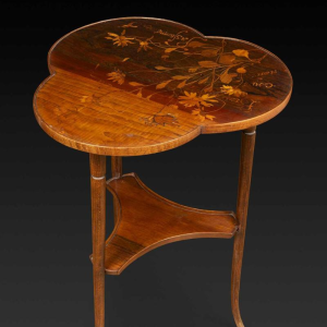 Emile Gallé, Art Nouveau table with three-lobed marquetry top, flower decoration, late 19th century