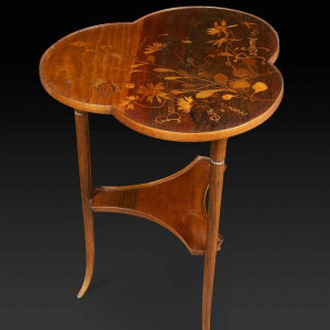 Emile Gallé, Art Nouveau table with three-lobed marquetry top, flower decoration, late 19th century