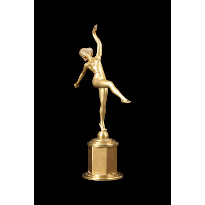 Verguld bronzen Art Deco sculptuur van een naakte danseres, begin 20ste eeuw