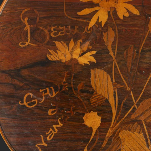 Emile Gallé, Art Nouveau table with three-lobed marquetry top, flower decoration, late 19th century
