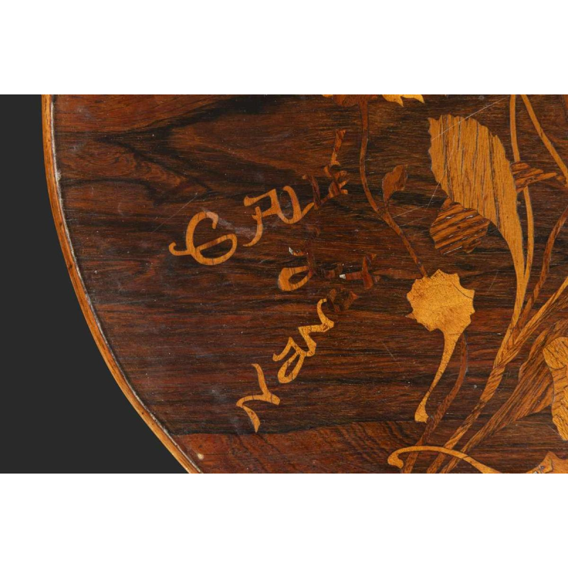 Emile Gallé, Art Nouveau tafel met drielobbig inlegwerkblad, bloemdecoratie, eind 19e eeuw