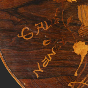 Emile Gallé, Art Nouveau table with three-lobed marquetry top, flower decoration, late 19th century