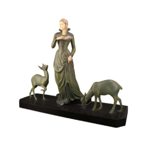 MENEVILLE (attribué à) 'La dame aux biches' sculpture Art Déco, métal à patine verte, début XXe s