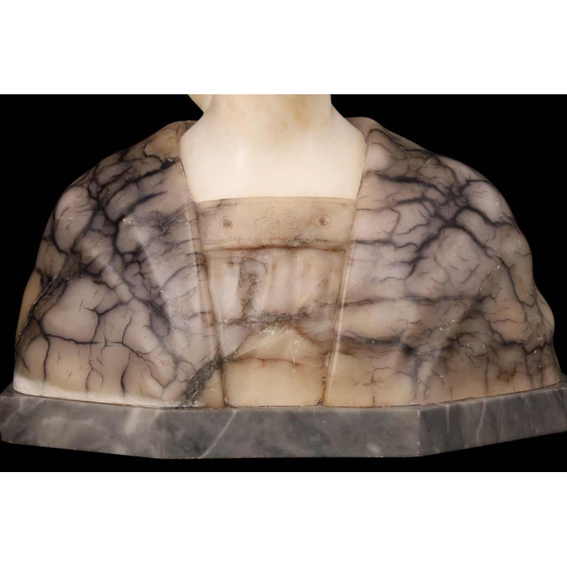 Gustave Van Vaerenbergh 'Buste van een jong meisje” sculptuur in albast en marmer, laat 19de eeuw