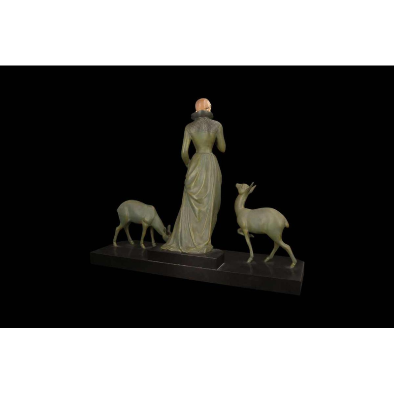 MENEVILLE (attributed to) "The deer lady" Art Deco sculpture, green patina metal, early 20th c