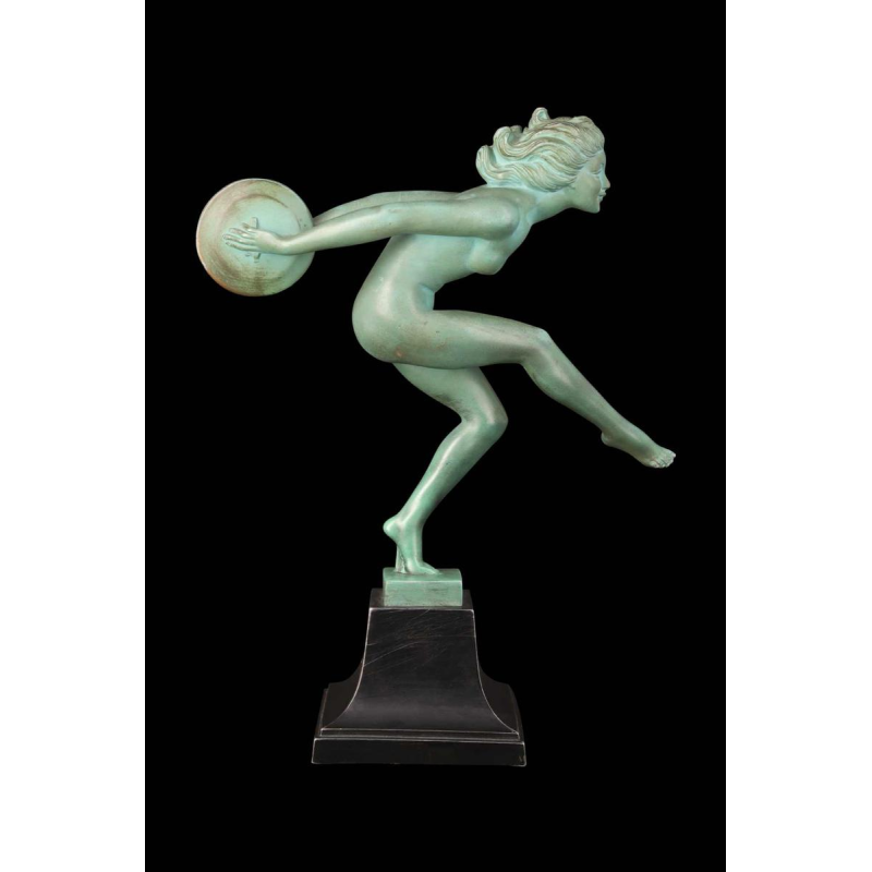 GARCIA voor MAX LE VERRIER “LANCEUSE DE DISQUES” ART DECO sculptuur van gepatineerd metaal