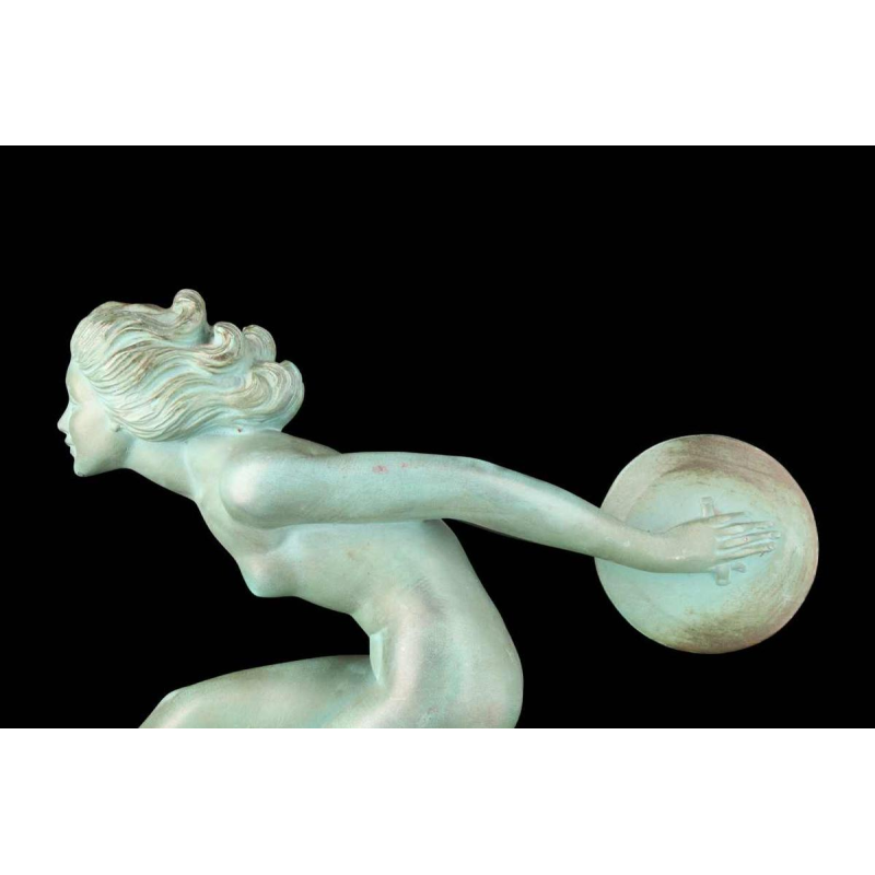 GARCIA voor MAX LE VERRIER “LANCEUSE DE DISQUES” ART DECO sculptuur van gepatineerd metaal
