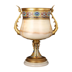 MONUMENTAL ONYX AND GILDED BRONZE TAZZA WITH POLYCHROME ENAMEL DECORATION, Napoleon III / Third Republic Period (circa 1880)
