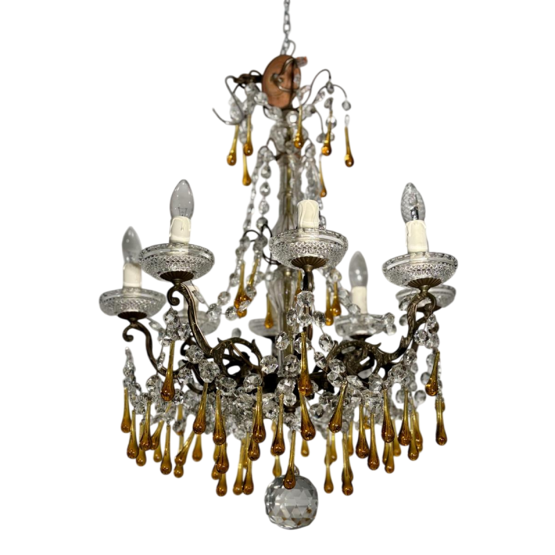 Lustre à pampilles à 8 feux, en bronze et cristal, gouttes en verre ambré, circa 1900