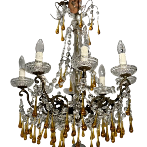 Eight-light chandelier with pendants, in bronze and crystal, amber glass drops, circa 1900
