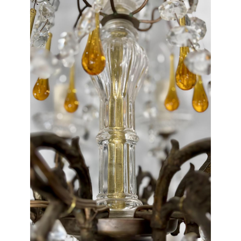 Eight-light chandelier with pendants, in bronze and crystal, amber glass drops, circa 1900