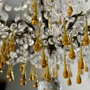 Eight-light chandelier with pendants, in bronze and crystal, amber glass drops, circa 1900