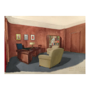 Art Deco watercolor "Administrator's Office" of SABAM by the VANDERBORGHT Establishments in Brussels, ca 1940