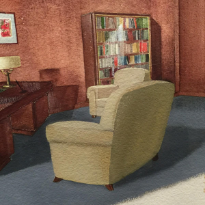 Art Deco watercolor "Administrator's Office" of SABAM by the VANDERBORGHT Establishments in Brussels, ca 1940