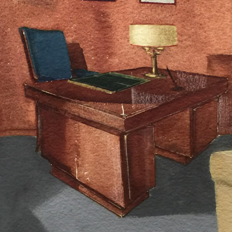 Aquarelle Art Déco "Bureau Administrateur" de la SABAM par les Etablissements VANDERBORGHT à Bruxelles, ca 1940
