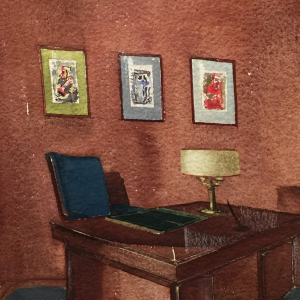 Art Deco aquarel "Administratiekantoor" van SABAM, vervaardigd door de Vanderborgt Establishments in Brussel, circa 1940.