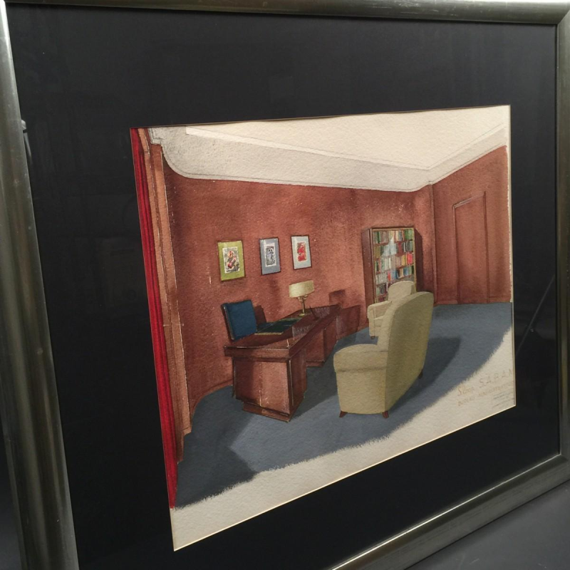 Art Deco watercolor "Administrator's Office" of SABAM by the VANDERBORGHT Establishments in Brussels, ca 1940