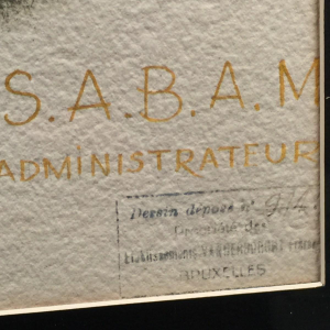 Art Deco aquarel "Administratiekantoor" van SABAM, vervaardigd door de Vanderborgt Establishments in Brussel, circa 1940.