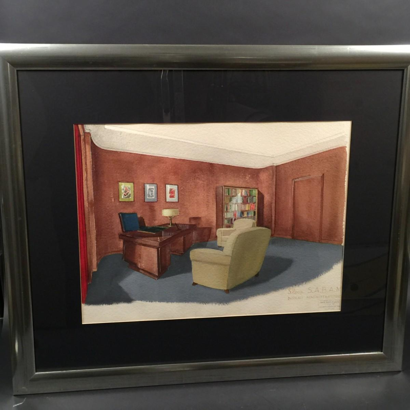 Aquarelle Art Déco "Bureau Administrateur" de la SABAM par les Etablissements VANDERBORGHT à Bruxelles, ca 1940