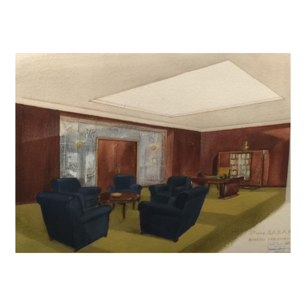 Aquarelle Art Déco "Bureau Président" de la SABAM par les Etablissements VANDERBORGHT à Bruxelles, ca 1930