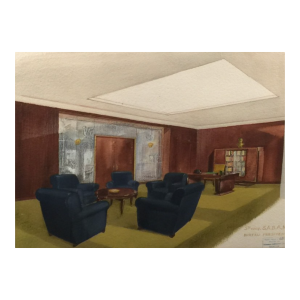 Aquarelle Art Déco "Bureau Président" de la SABAM par les Etablissements VANDERBORGHT à Bruxelles, ca 1930
