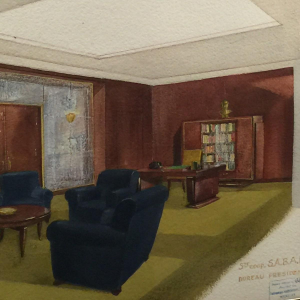 Art Deco aquarel "Het kantoor van de president" van SABAM, vervaardigd door de VANDERBORGHT-fabriek in Brussel, circa 1930.
