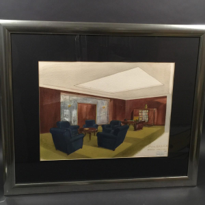 Art Deco watercolor "President's Office" of SABAM by the VANDERBORGHT establishments in Brussels, ca 1930