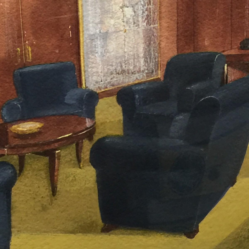 Aquarelle Art Déco "Bureau Président" de la SABAM par les Etablissements VANDERBORGHT à Bruxelles, ca 1930