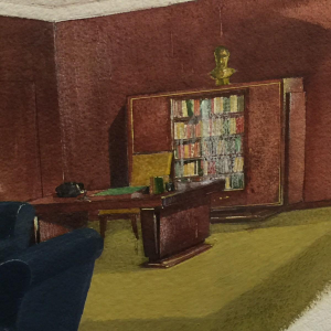 Art Deco aquarel "Het kantoor van de president" van SABAM, vervaardigd door de VANDERBORGHT-fabriek in Brussel, circa 1930.